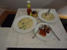 porridge with meat sauce,eggs and left over schnitzels